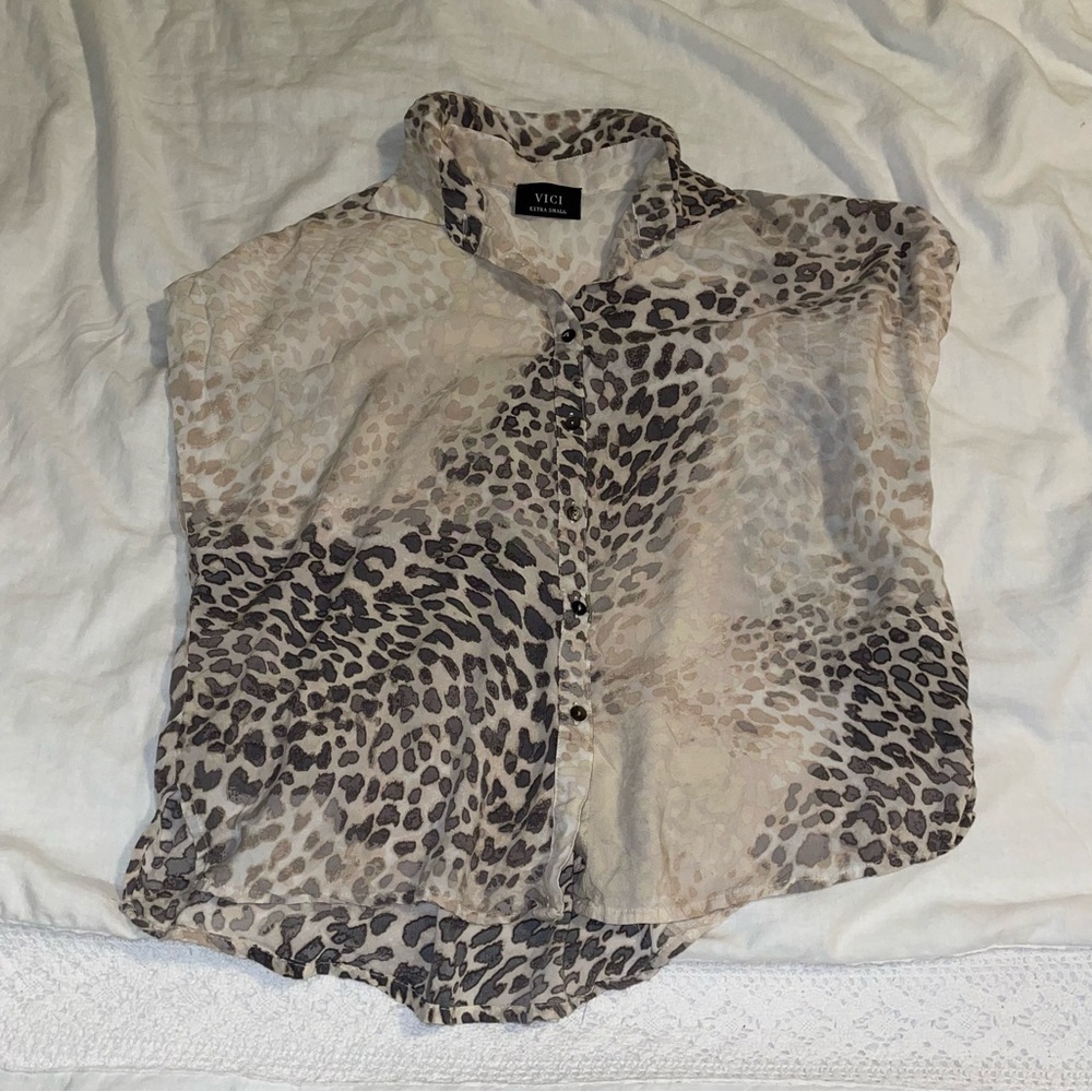 Vici XS Leopard two tone top blouse oversize Brown Cream relaxed collar